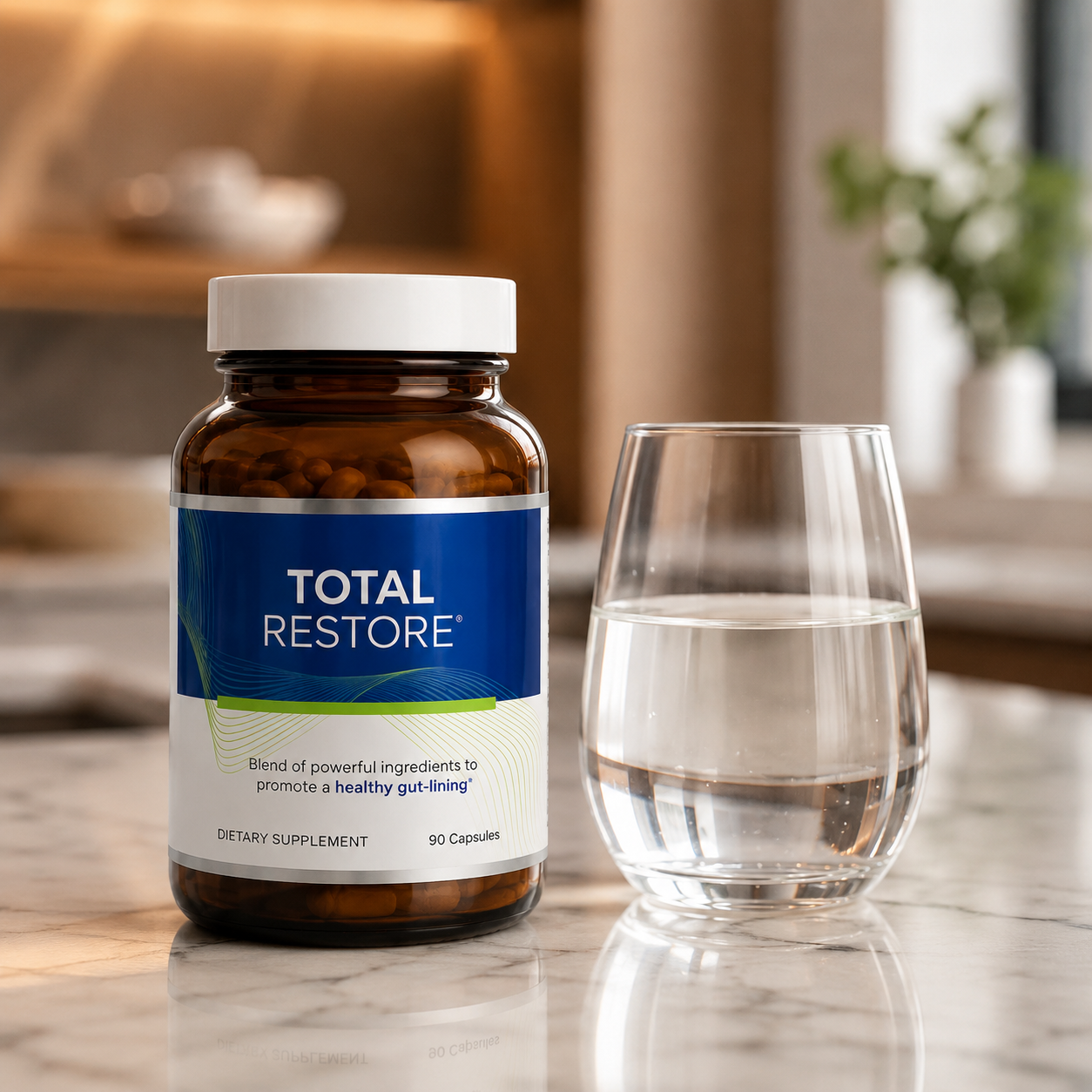 Total Restore supplement bottle with glass of water